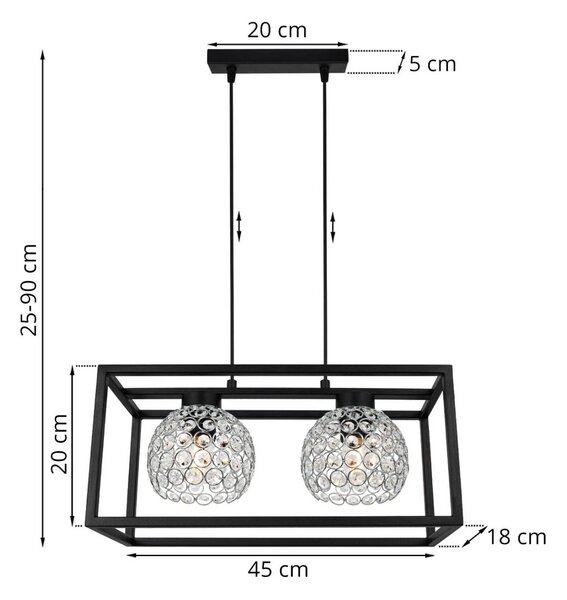 Závesné svietidlo Crystal Cage, 2x strieborné krištáľové tienidlo v kovovom ráme