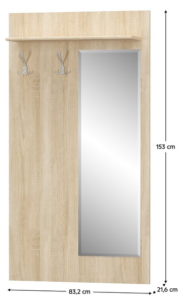 KONDELA Vešiakový panel so zrkadlom, dub sonoma, TEYO