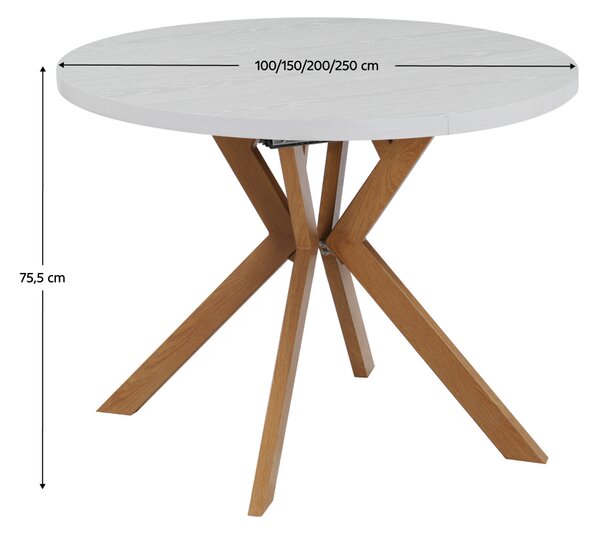 KONDELA Jedálenský rozkladací stôl, biela/dub, 100-250x75,5 cm, LUKOS