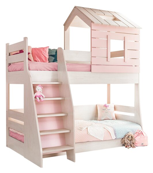 Poschodová posteľ so schodíkmi Boom - breza/ružová