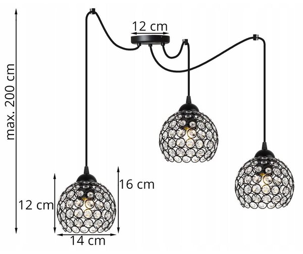 Závesné svietidlo Crystal Spider, 3x čierne krištáľové tienidlo