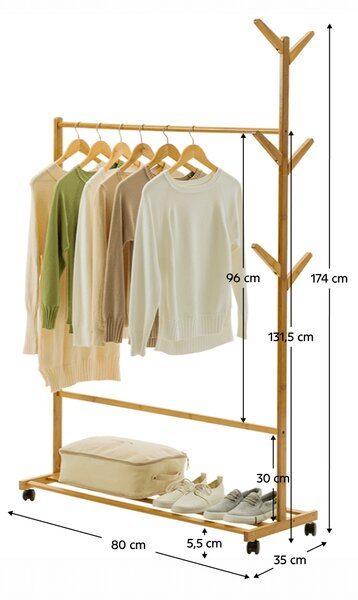 KONDELA Pojazdný vešiak, bambus, šírka 80cm, VIKIR TYP 2