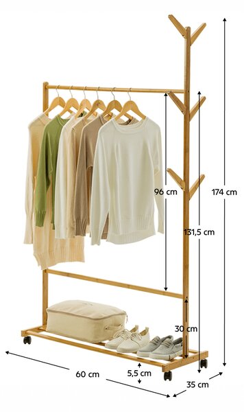 KONDELA Pojazdný vešiak, bambus, šírka 60cm, VIKIR TYP 1