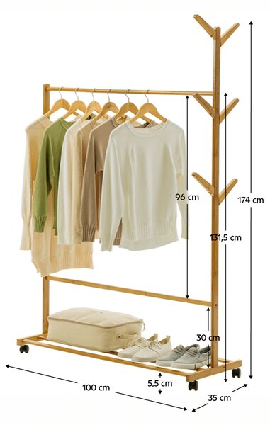 KONDELA Pojazdný vešiak, bambus, šírka 100cm, VIKIR TYP 3