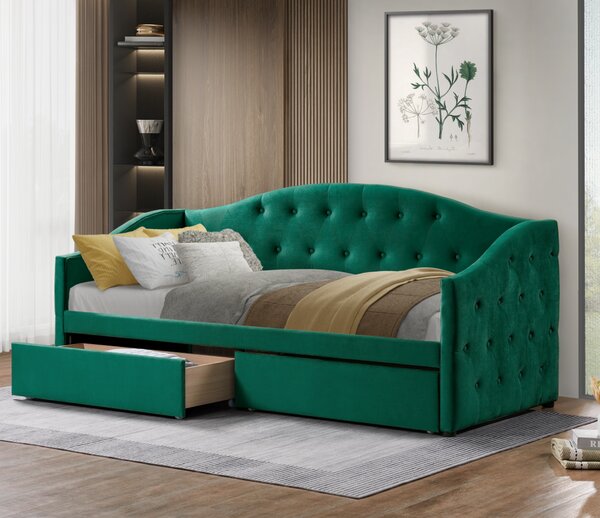 KONDELA Posteľ s úložným priestorom, 90x200, zelená Velvet látka, ZASKA