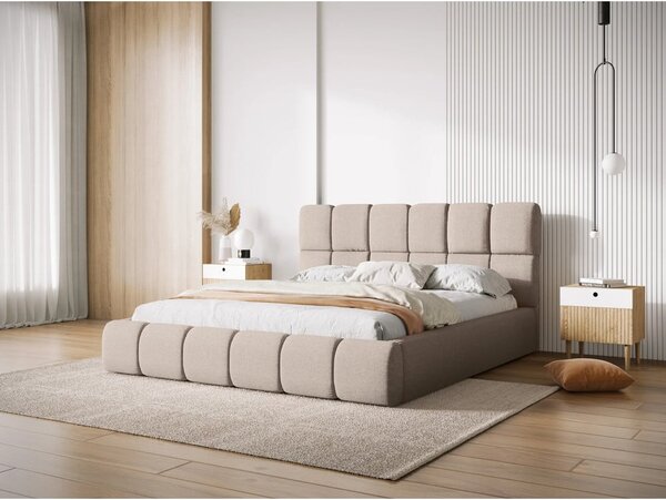 Béžová čalúnená dvojlôžková posteľ s úložným priestorom s roštom 160x200 cm Bellis – Micadoni Home
