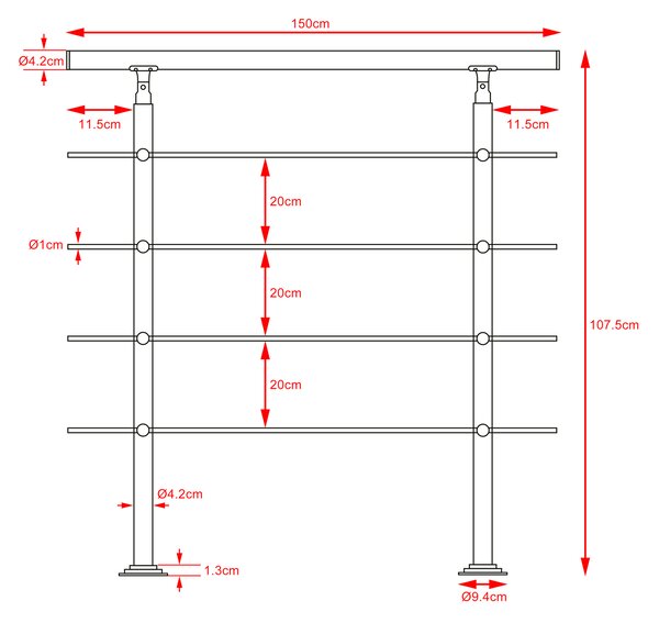 Schodiskové zábradlie 4 vzpery - 150cm