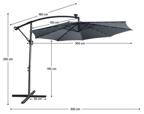 KONDELA Záhradný LED slnečník, sivá, 3 m, LINDAN