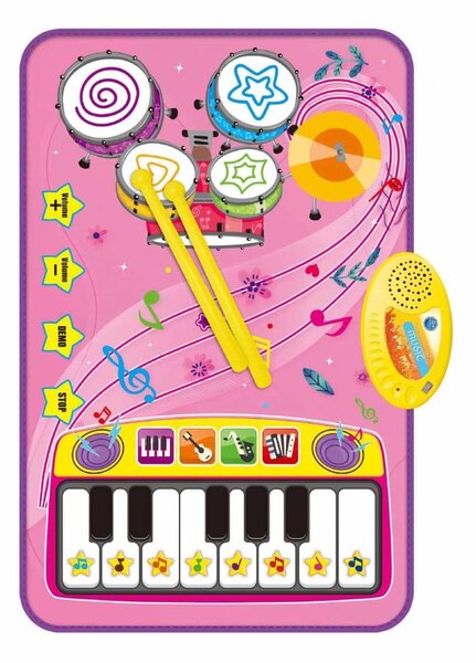 Hudobná podložka 2v1 Klavír Klávesy Bubon pre batoľatá dotyková hudobná hracia podložka ružová - CAB Toys