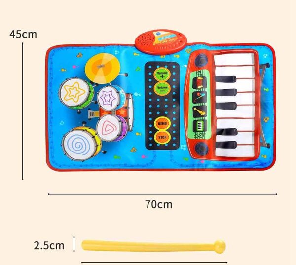 Hudobná podložka 2v1 Klavír Klávesy Bubon pre batoľatá dotyková hudobná hracia podložka modrá- CAB Toys