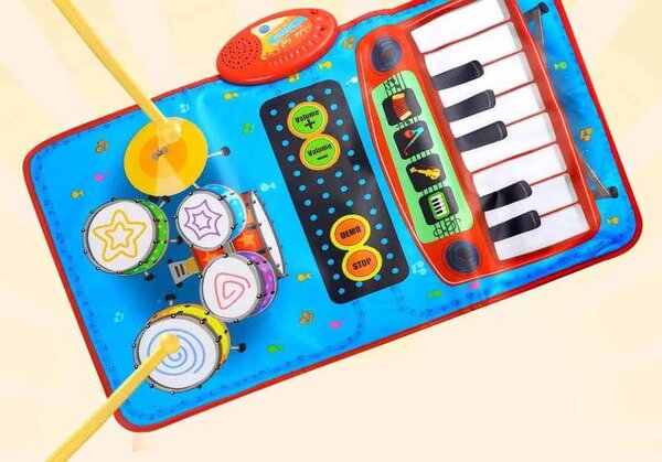 Hudobná podložka 2v1 Klavír Klávesy Bubon pre batoľatá dotyková hudobná hracia podložka modrá- CAB Toys