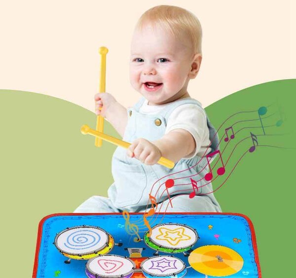 Hudobná podložka 2v1 Klavír Klávesy Bubon pre batoľatá dotyková hudobná hracia podložka modrá- CAB Toys