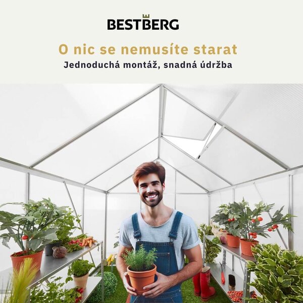 Skleník so základňou BestBerg SH-9 / 9 m² / 480 x 182 x 208 cm / strieborná