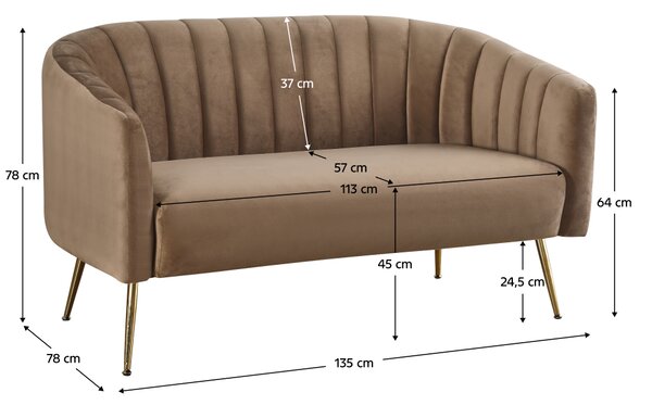 KONDELA Dizajnový 2-sed, hnedá Velvet látka/gold chróm-zlatý, BAGY