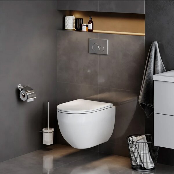 Rea Carlo Mini, závesné záchodová misa Tornado Rimless 485x365x350 mm + WC sedadlo, biela lesklá, REA-C8770