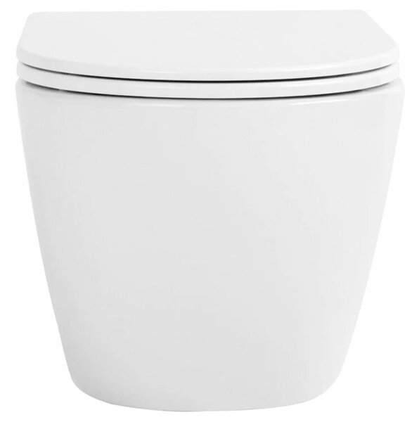 Rea Carlo Mini, závesné záchodová misa Tornado Rimless 485x365x350 mm + WC sedadlo, biela lesklá, REA-C8770