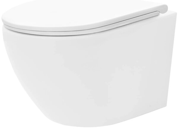 Rea Carlo Mini, závesné záchodová misa Tornado Rimless 485x365x350 mm + WC sedadlo, biela lesklá, REA-C8770