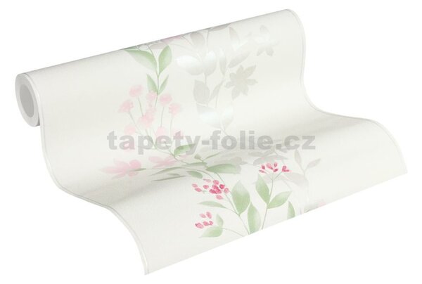 Vliesové tapety na stenu Blooming 37266-2, rozmer 10,05 m x 0,53 m, ružové kvety s listami na bielom podklade, A.S. CRÉATION