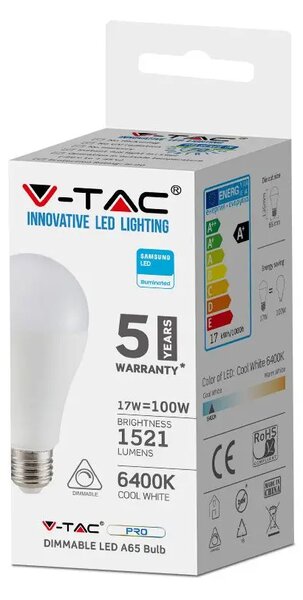 V-TAC LED žiarovka E27, 17W, 1521lm, A65, stmievateľná, Samsung chip Farba svetla: Studená biela
