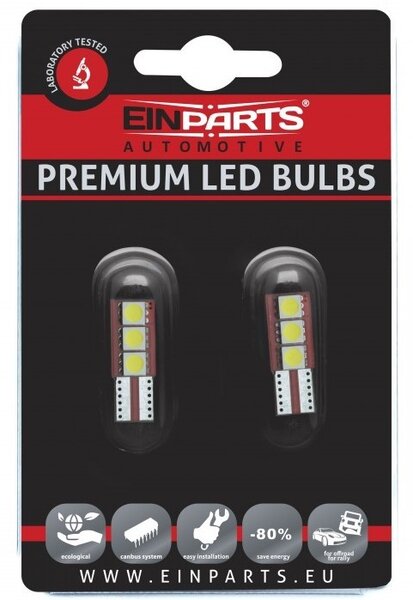 Einparts LED auto žiarovka, W5W, T10, 3 SMD5050, CANBUS, 9-16V, 6000K, balenie 2ks [EPL36]