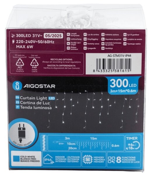 Aigostar - LED vonkajší dekoračný reťazec 300xLED/6W/230V 15x0,6m IP44 studená biela
