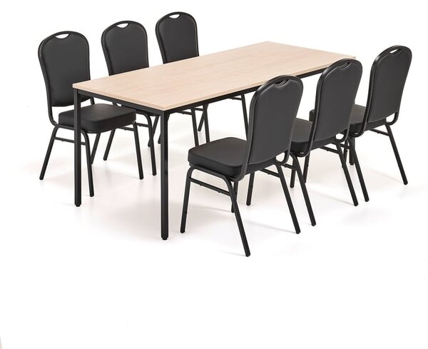 Jedálenská zostava JAMIE+ HARTFORD, 1800x800 mm stôl, breza + 6 stoličiek, čierna koženka
