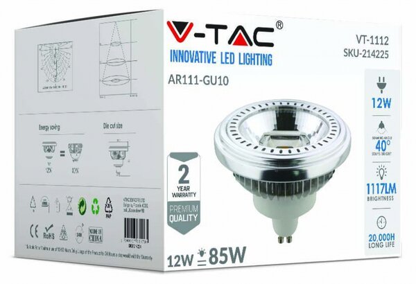V-TAC GU10 LED žiarovka 12W, 1117lm, AR111, 6400K