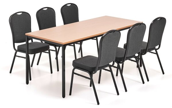 Jedálenská zostava JAMIE+ HARTFORD, 1800x800 mm stôl, buk + 6 stoličiek, čierna látka