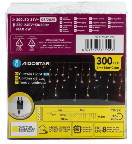 Aigostar - LED Vonkajšia dekoračná reťaz 75xLED/6W/230V 15x0,6m IP44 teplá biela