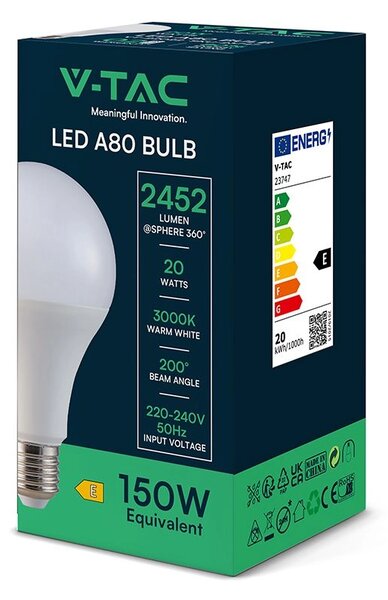 V-TAC E27 LED žiarovka 20W, 2452lm, A80, 2+3 gratis! Farba svetla: Teplá biela