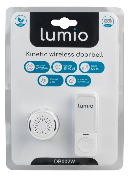 DPM LUMIO Kinetický bezdrôtový zvonček bezbatériový, do zásuvky, 120m, biely [DB002W]