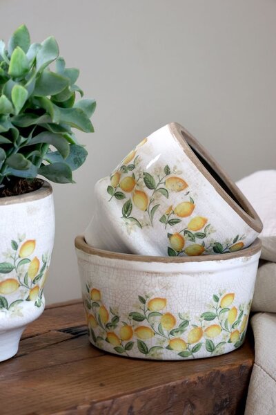 Béžový antik keramický kvetináč s citrónmi Limone Blossom - Ø 13*12 cm - Chic Antique