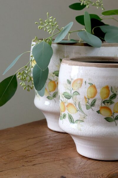 Béžový antik keramický kvetináč s citrónmi Limone Blossom - Ø 13*12 cm - Chic Antique