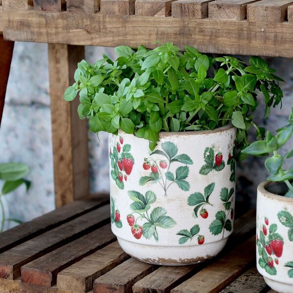 Krémový antik keramický obal na kvetináč s jahôdkami Fraises - Ø 13*13 cm - Chic Antique