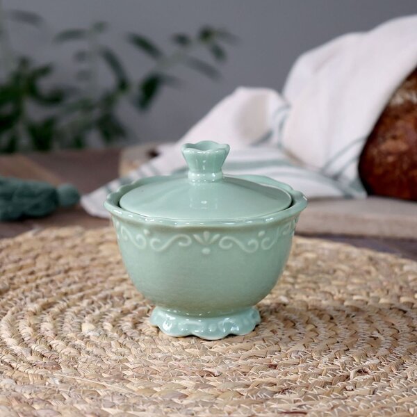 Zelená porcelánová cukornička s čipkou Provence lace verte - Ø 10*9 cm / 190 ml - Chic Antique