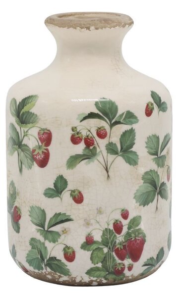 Krémová antik keramická váza s jahôdkami Fraises - Ø 11*17 cm - Chic Antique