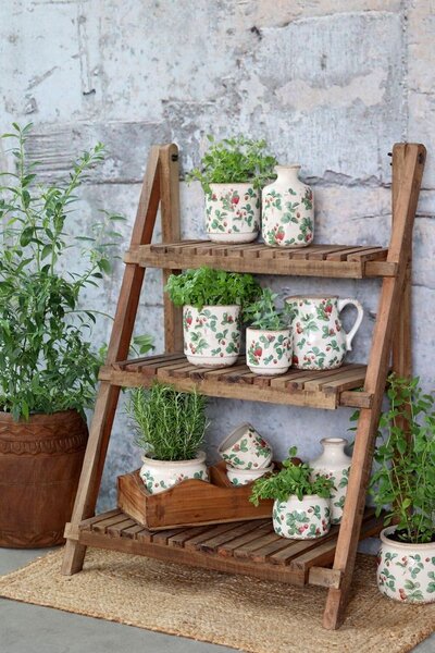 Krémový antik keramický obal na kvetináč s jahôdkami Fraises - Ø 12*9 cm - Chic Antique