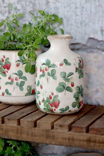 Krémová antik keramická váza s jahôdkami Fraises - Ø 11*17 cm - Chic Antique