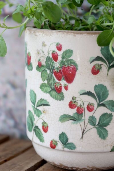 Krémový antik keramický obal na kvetináč s jahôdkami Fraises - Ø 13*13 cm - Chic Antique