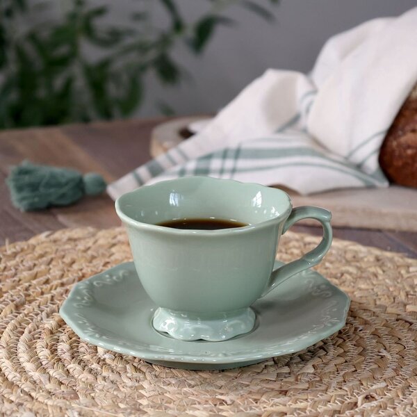 Zelená porcelánová šálka s tanierikom Provence lace verte - 9,5 cm / 180 ml - Chic Antique