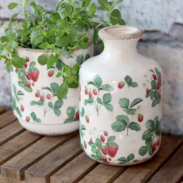 Krémová antik keramická váza s jahôdkami Fraises - Ø 11*17 cm - Chic Antique