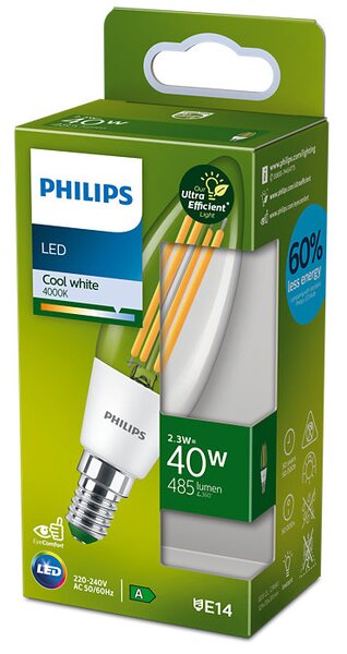Philips 8719514435773 LED žiarovka E14 2,3W/40W 485lm 4000K B35 filament sviečka A-class