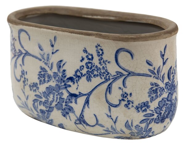 Oválny keramický obal na kvetináč s modrými kvetmi Saten M - 17*9*10 cm - Clayre & Eef