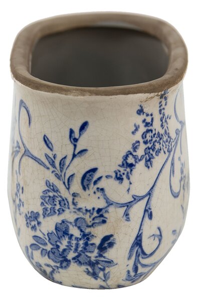 Oválny keramický obal na kvetináč s modrými kvetmi Saten M - 17*9*10 cm - Clayre & Eef