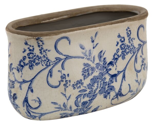 Oválny keramický obal na kvetináč s modrými kvetmi Saten M - 17*9*10 cm - Clayre & Eef