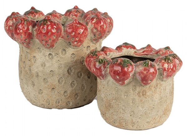 Béžový antik terakotový obal na kvetináč s jahôdkami - Ø 15*12 cm - Clayre & Eef
