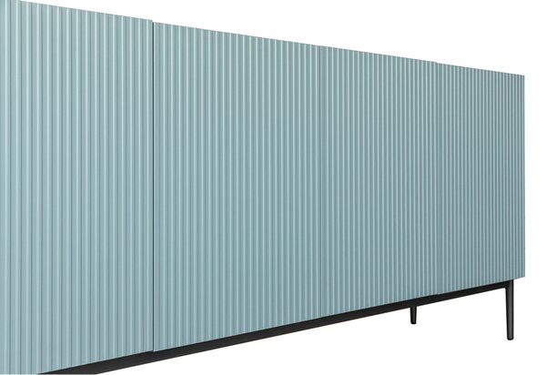 Štvordverová komoda Nicole 200 cm s ryhovaným čelom - šalviová / čierne nožičky