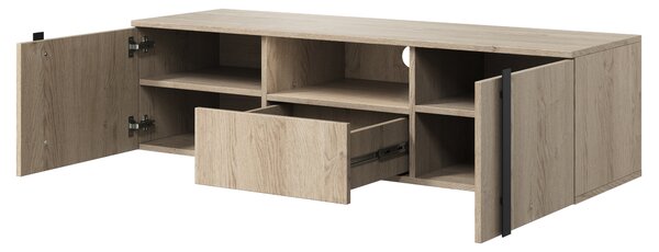 Závesný TV stolík Verica 150 cm s otvorenými priehradkami a zásuvkou - dub biszkoptový / čierne úchyty