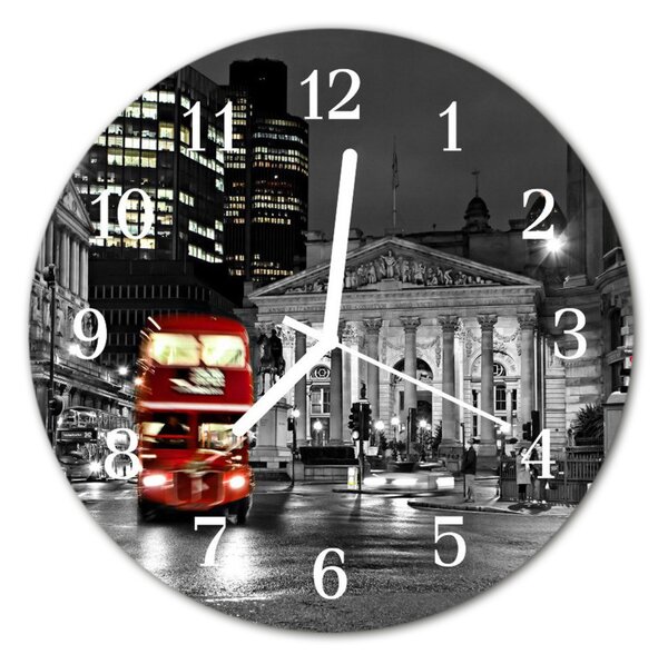 Sklenené hodiny okrúhle Autobus v londýne fi 30 cm