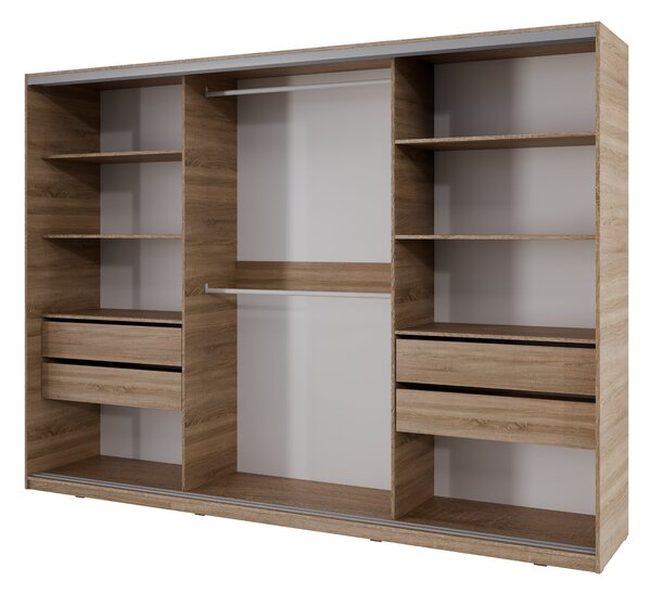 Šatníková skriňa NEJBY BARNABA 280 cm s posuvnými dverami, 4 šuplíky, 2 šatníkovými tyčami, dub sonoma
